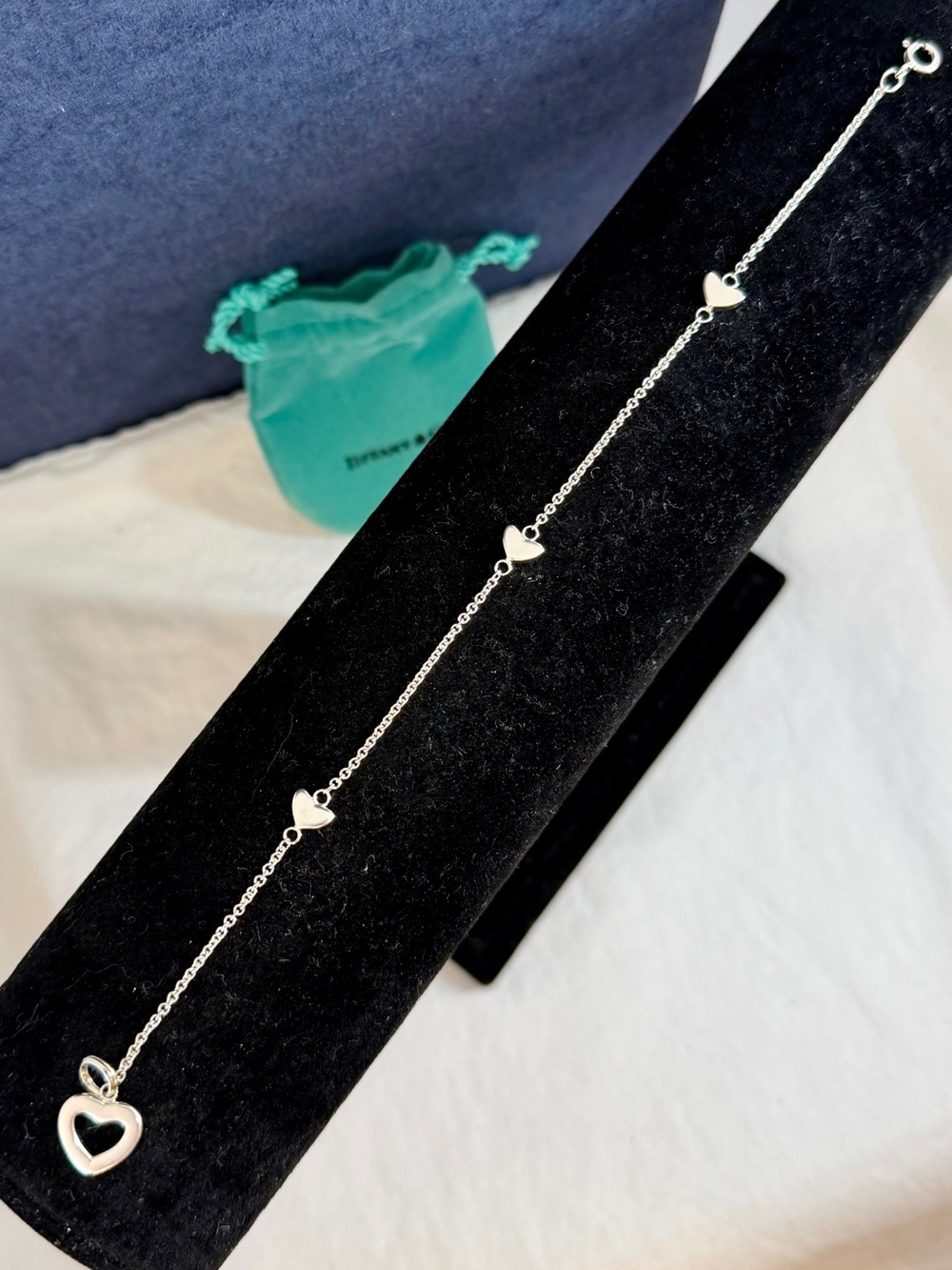 TIFFANY & CO. Sterling Silver Open Mini Solid 4 Hearts Bracelet; 7.75” w/ COA - Picture 6 of 14